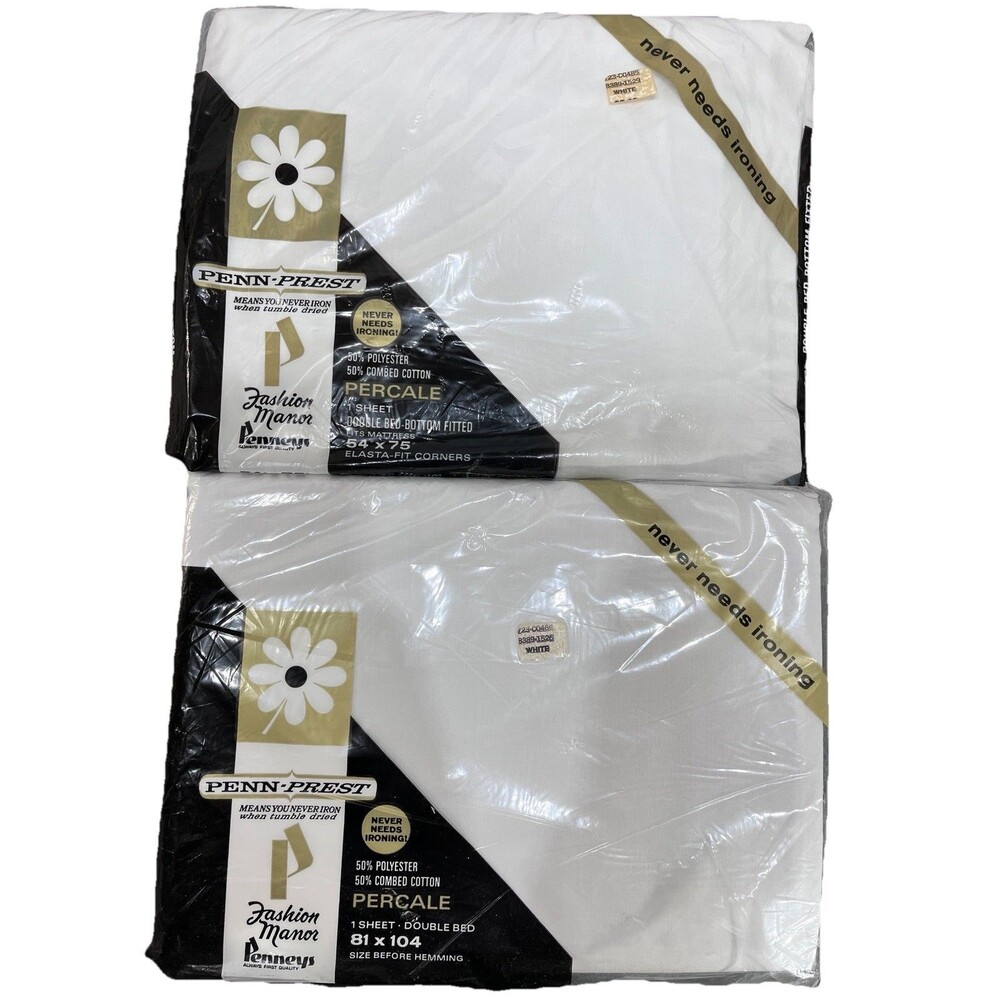 2 NOS Penn-Prest Percale JC Penneys Double Bed Sheet Set Flat 60s Vtg 81 x 104